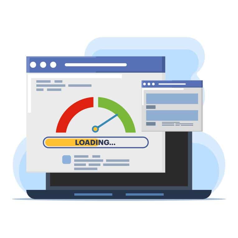 Vector illustration about site speed with a web page and speedomoter over it showing loading