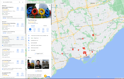 A Google Maps direct listing for SEO consultants in Toronto