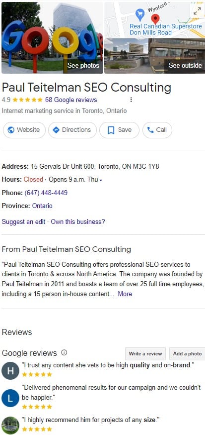 Paul Teitelman SEO Consulting - Google My Business Profile Screenshot