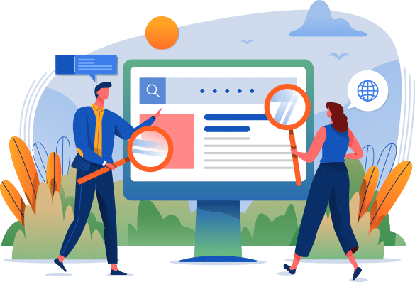 Illustration of a man and woman holding magnifying glasses and looking at a SERP